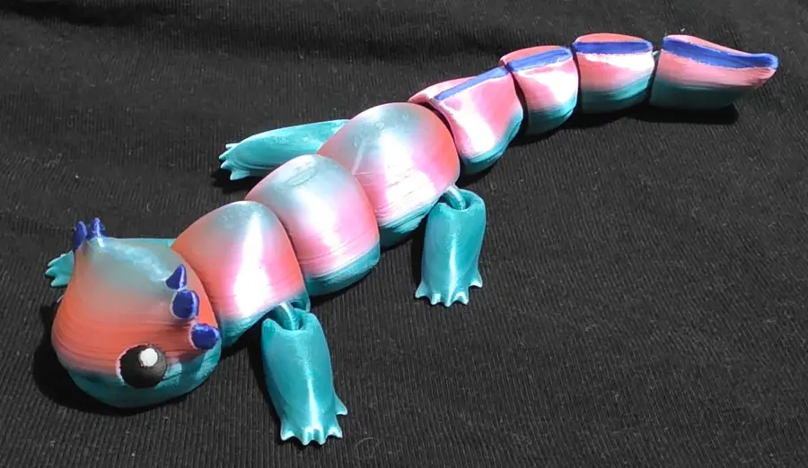 Large axolotl, teal, pink and blue, close up