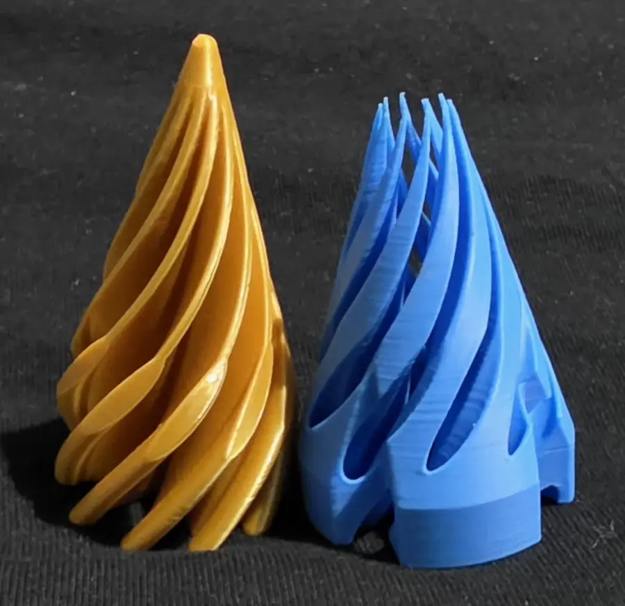 Passthrough cone fidgets, blue and gold, side by side